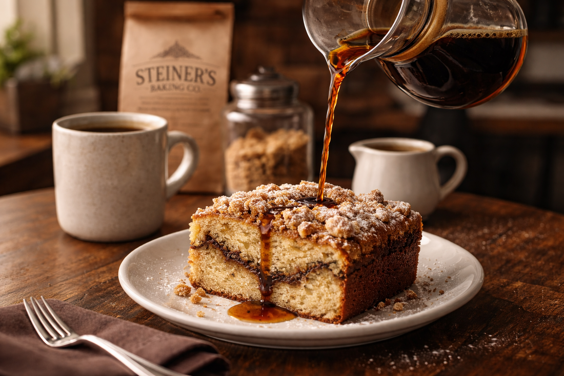 Steiner’s German sour cream coffee cake with pour-over coffee in café setting