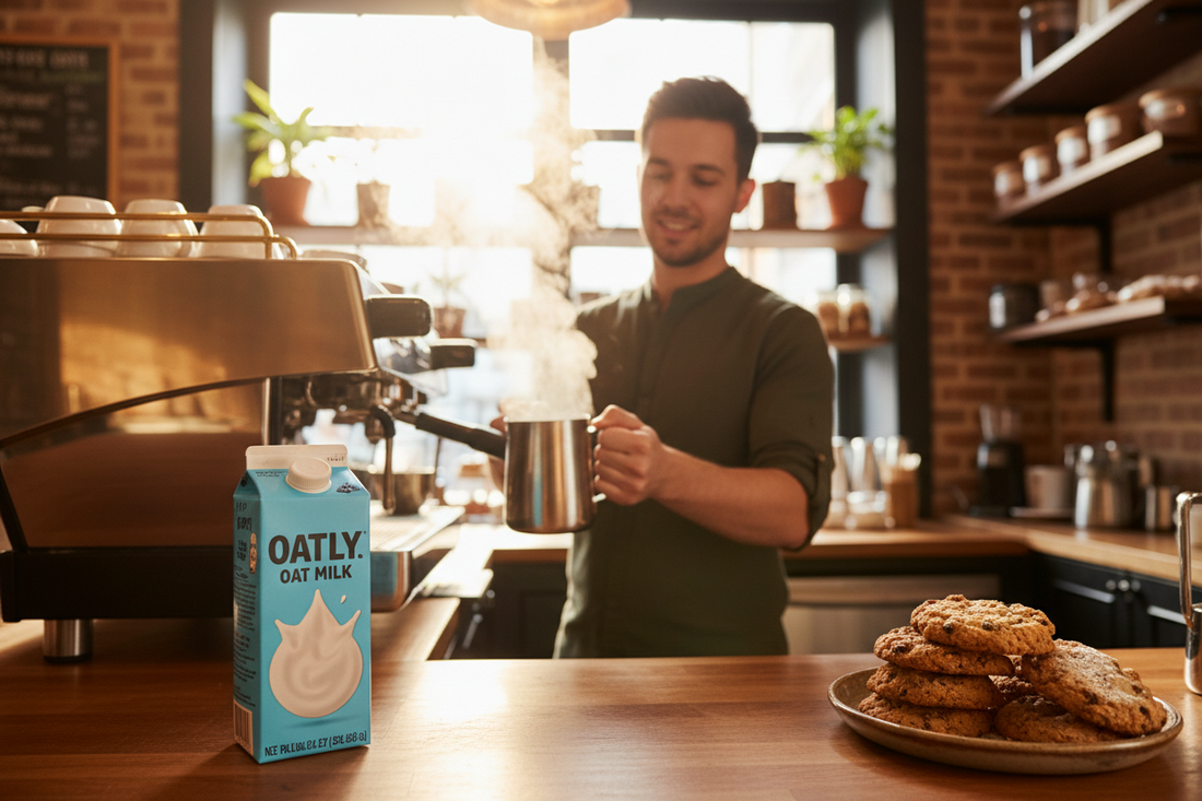 coffee shop pastry case with gluten-free baked goods and oat milk pairing
