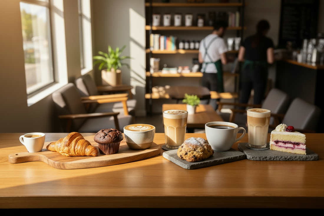 coffee shop pastry case with coffee and pastry pairing examples