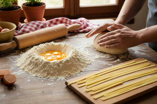 gluten free egg pasta dough rolled into fettuccine