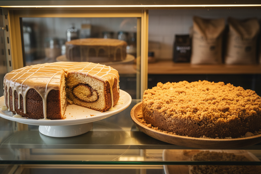 Steiner’s German sour cream coffee cake slice with cinnamon ribbon and crumb topping