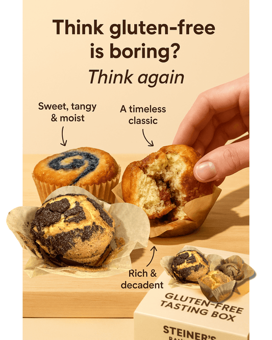 Gluten-free muffins with a hand holding one, text promoting the taste and appeal of gluten-free options.