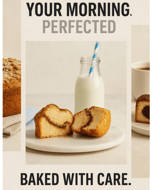 Baked goods with a glass of milk on a plate, accompanied by text 'Your morning. Perfected. Baked with care.'