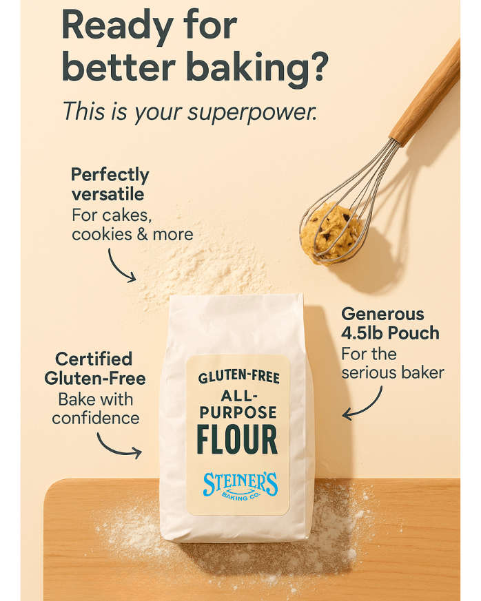Steiner's gluten-free all-purpose flour package with a whisk and cookie on a beige background