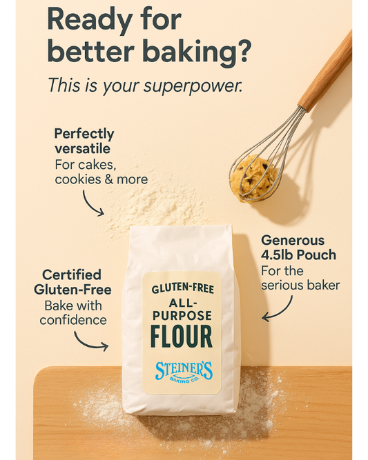 Steiner's gluten-free all-purpose flour package with a whisk and cookie on a beige background