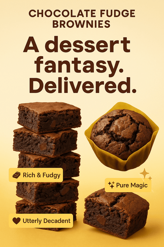 Promotional image of chocolate fudge brownies with text on a yellow background