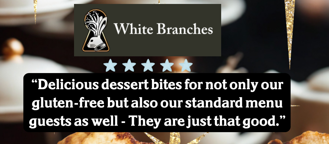 Dessert slice on a plate with 'White Branches' branding and a starry overlay.